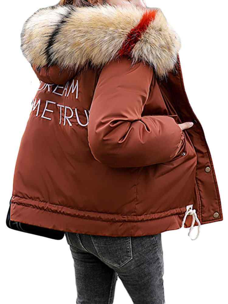 Back Letters Faux Fur Hooded Coat