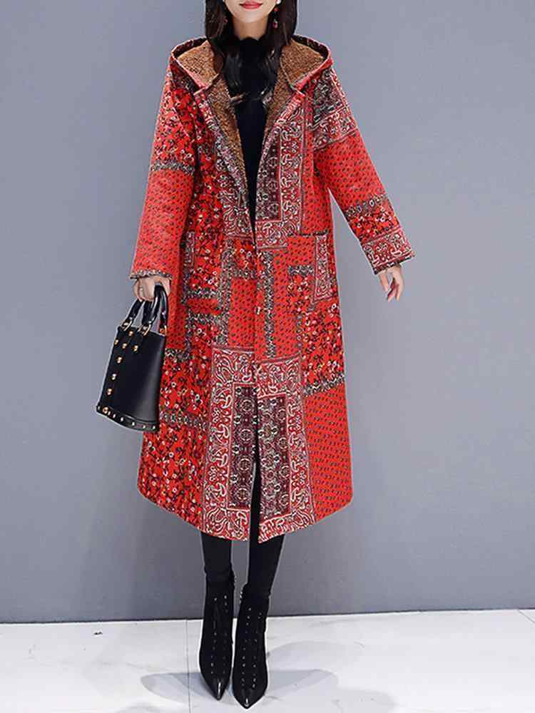 Hooded Floral Ethnic Print Long Sleeve Vintage Coat