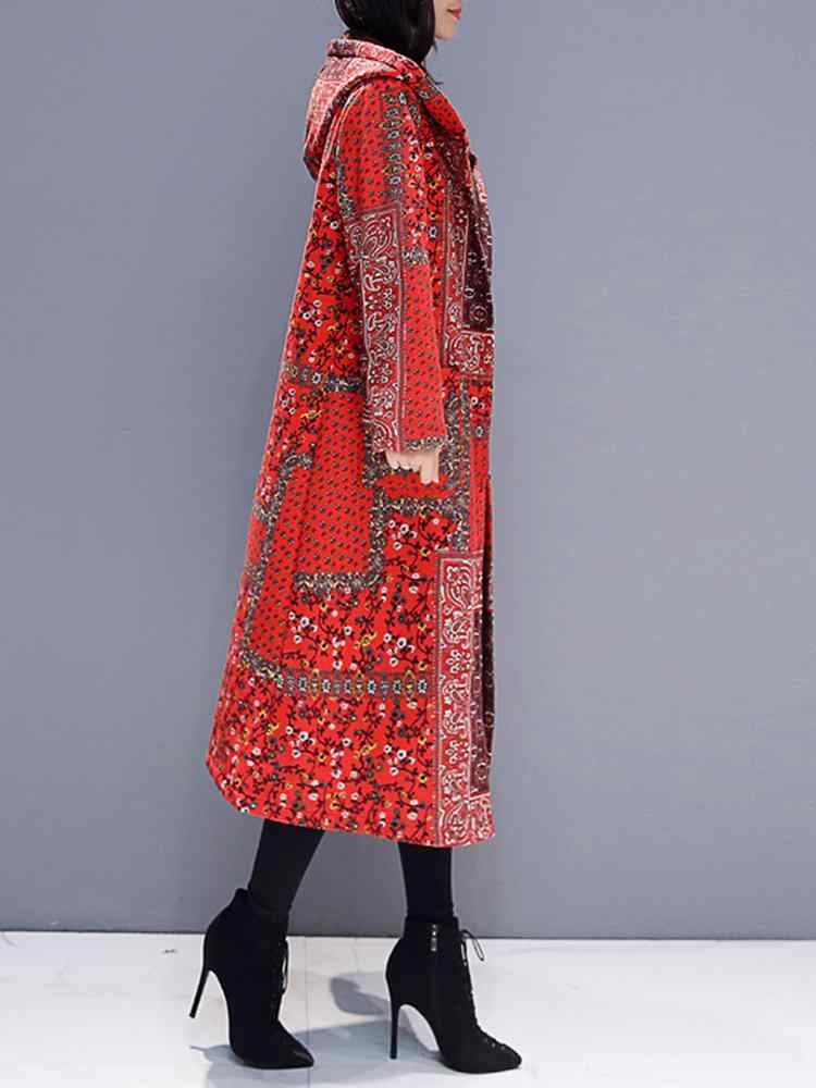 Hooded Floral Ethnic Print Long Sleeve Vintage Coat