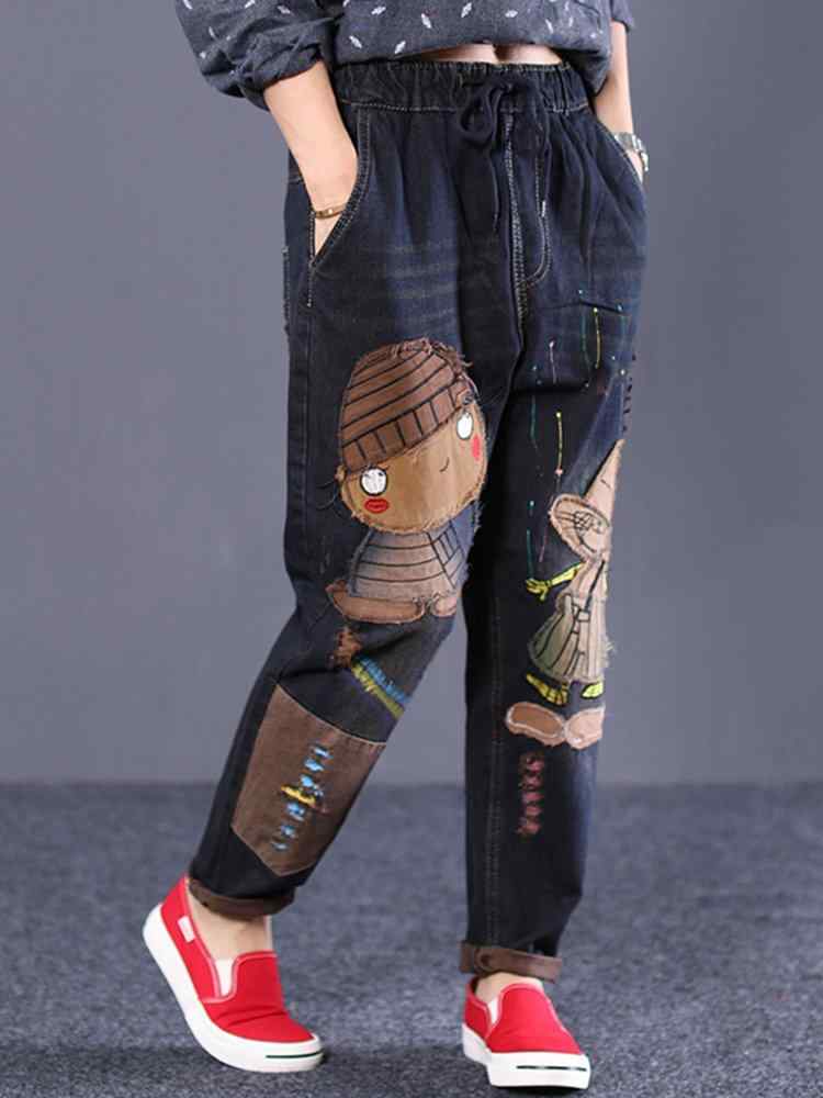 Cartoon Embroidered Drawstring Waist Vintage Denim