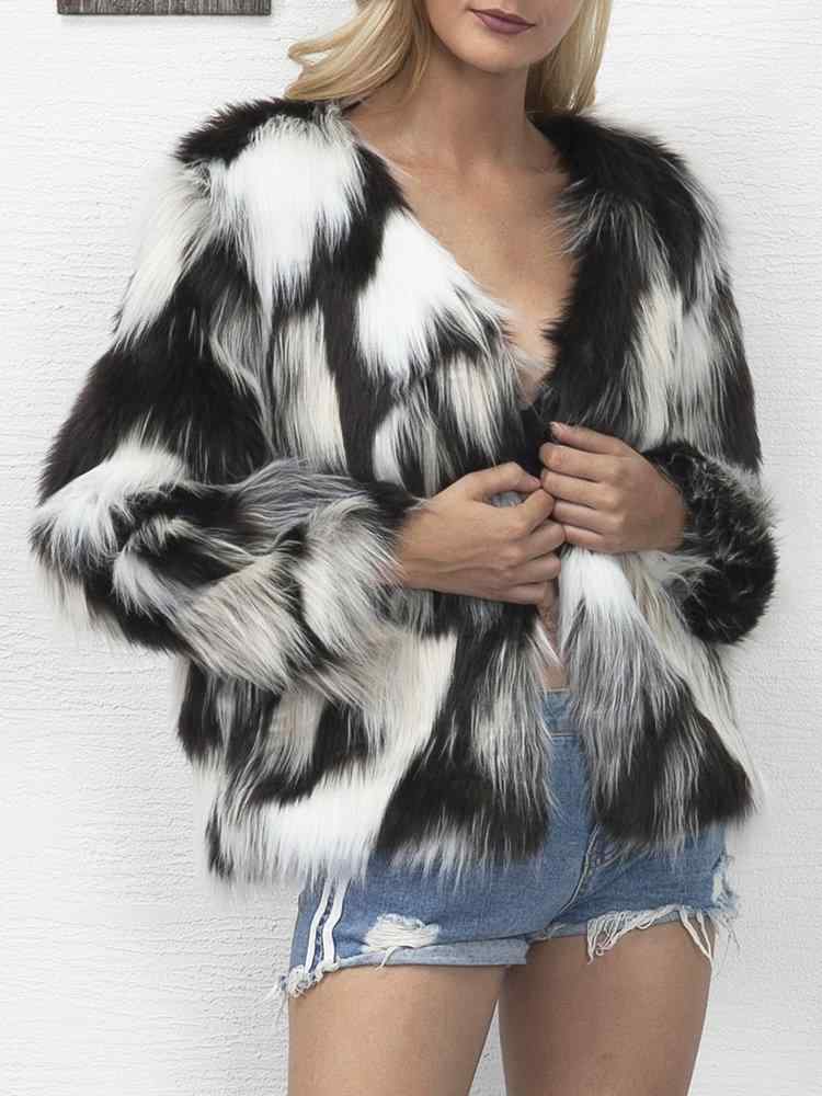 Color Mixing Long Sleeve Faux Fur Autumn Winter Coat