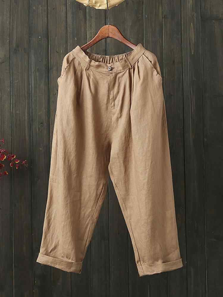 Loose Elastic Waist Button Solid Color Casual Pants