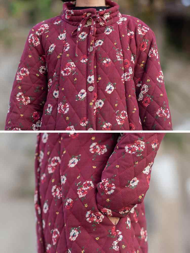 Vintage Floral Single Breasted Button Drawstring Linen Coat