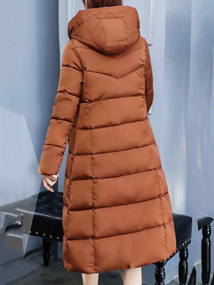 Solid Color Zipper Hooded Long Sleeve Warm Coat