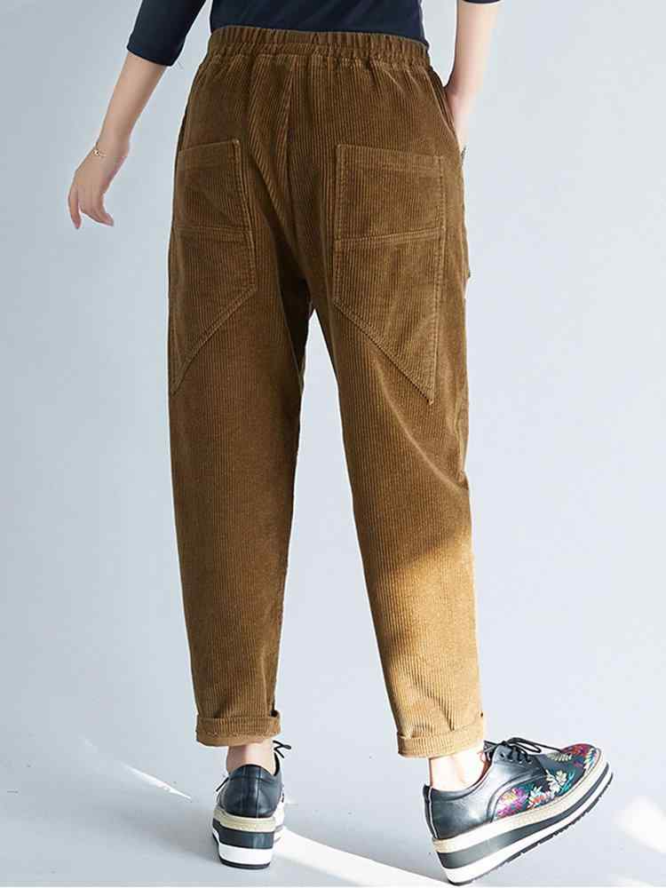 Patchwork Solid Color Pockets Corduroy Casual Pants