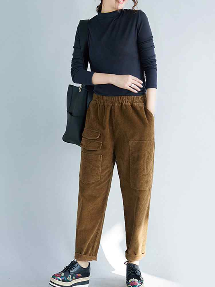 Patchwork Solid Color Pockets Corduroy Casual Pants