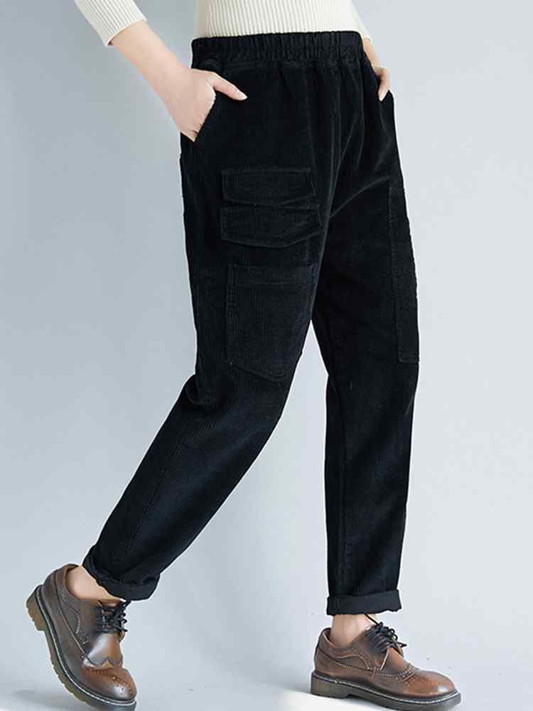 Patchwork Solid Color Pockets Corduroy Casual Pants