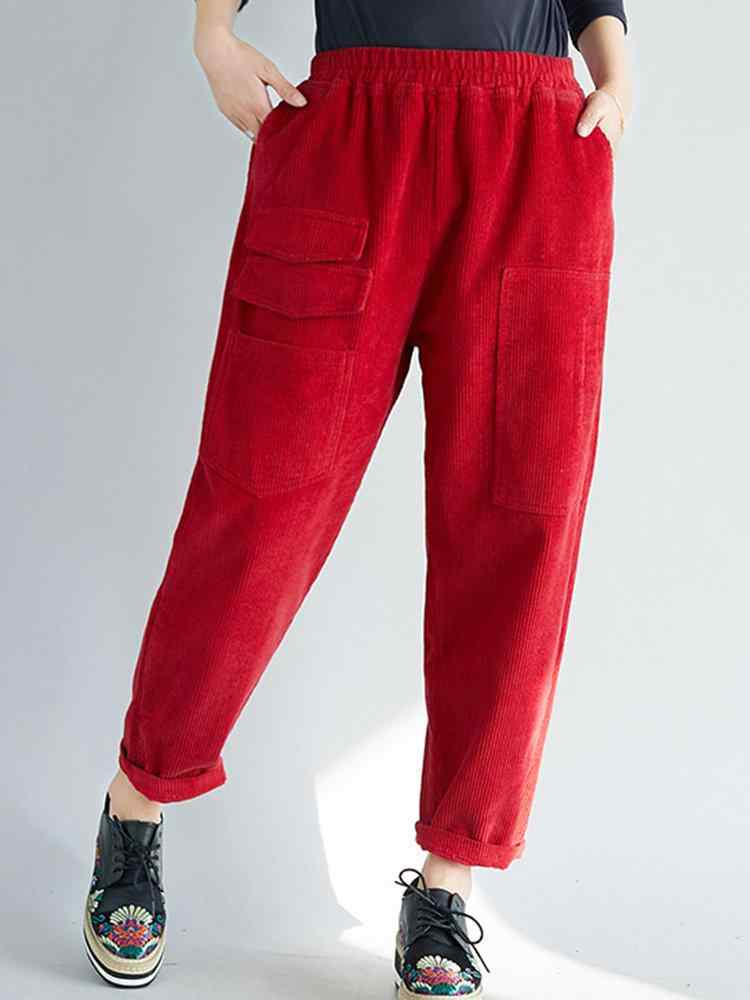 Patchwork Solid Color Pockets Corduroy Casual Pants