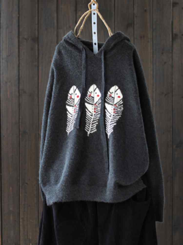 Casual Leaves Print Hooded Loose Long Sleeve Women Sweaters