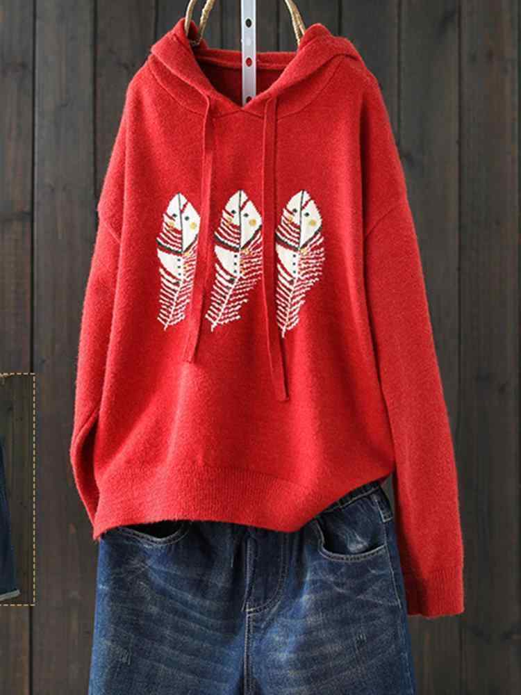 Casual Leaves Print Hooded Loose Long Sleeve Women Sweaters