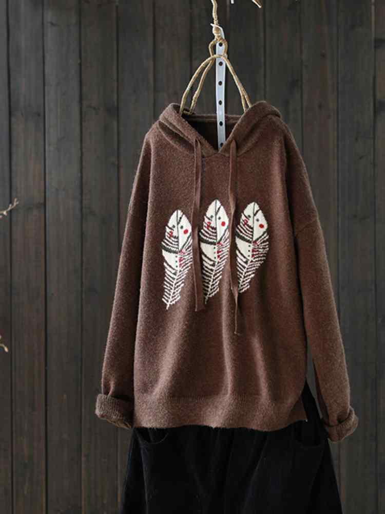 Casual Leaves Print Hooded Loose Long Sleeve Women Sweaters