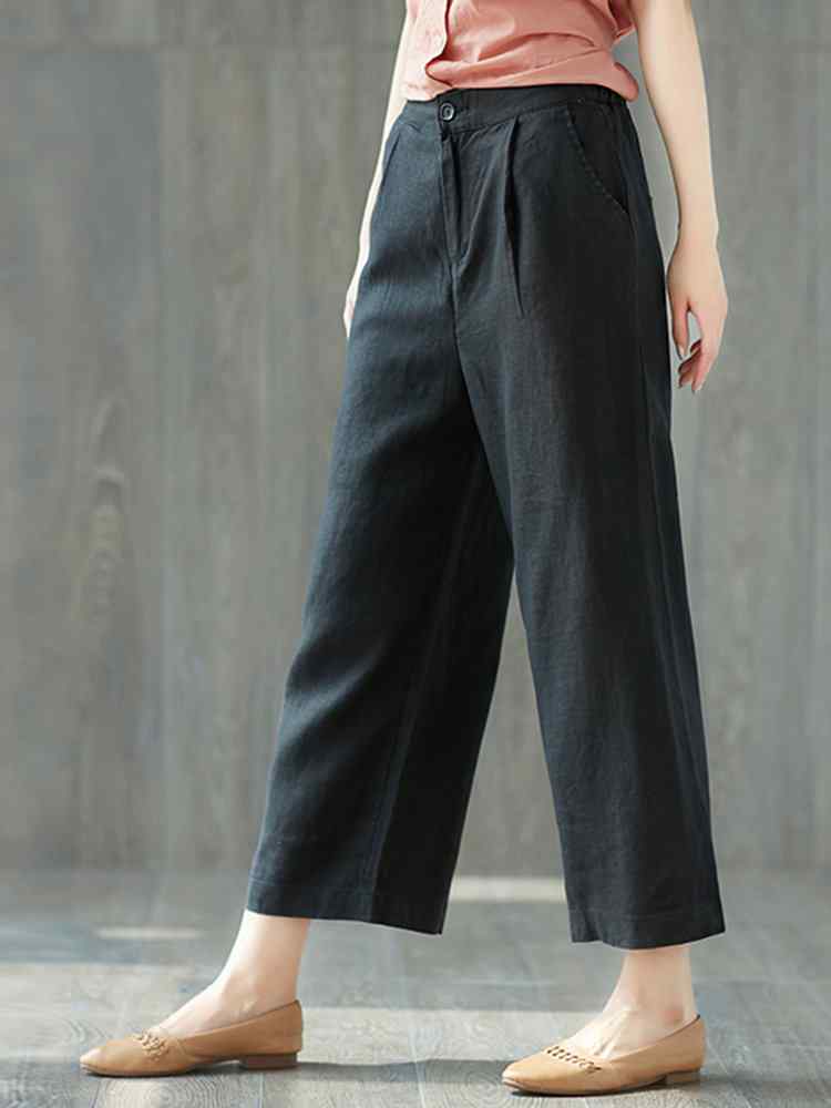 Pure Color Wide Leg Pockets Elastic Waist Casual Pants