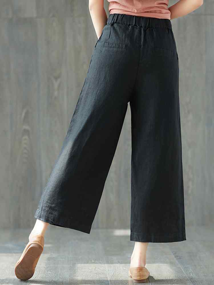 Pure Color Wide Leg Pockets Elastic Waist Casual Pants