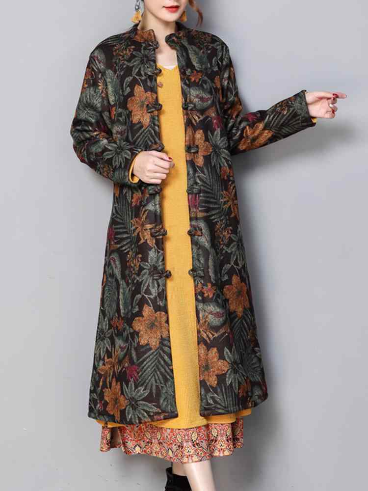 Floral Print Frog Button Long Sleeve Vintage Coats