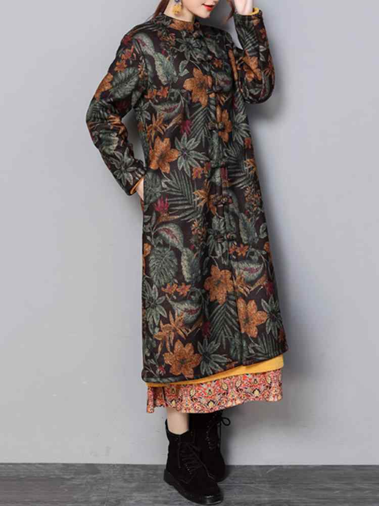 Floral Print Frog Button Long Sleeve Vintage Coats