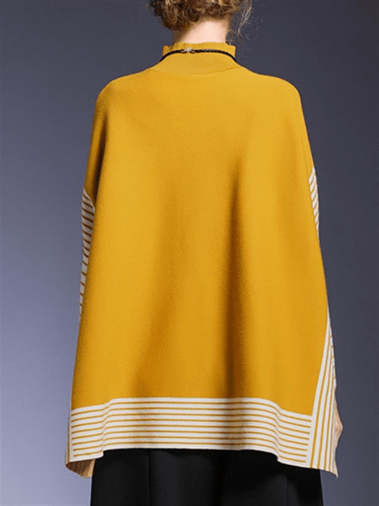 Striped High-neck Bat Sleeve Slit Cloak Sweater