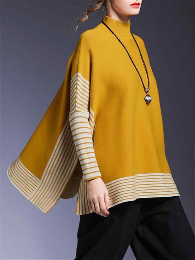 Striped High-neck Bat Sleeve Slit Cloak Sweater