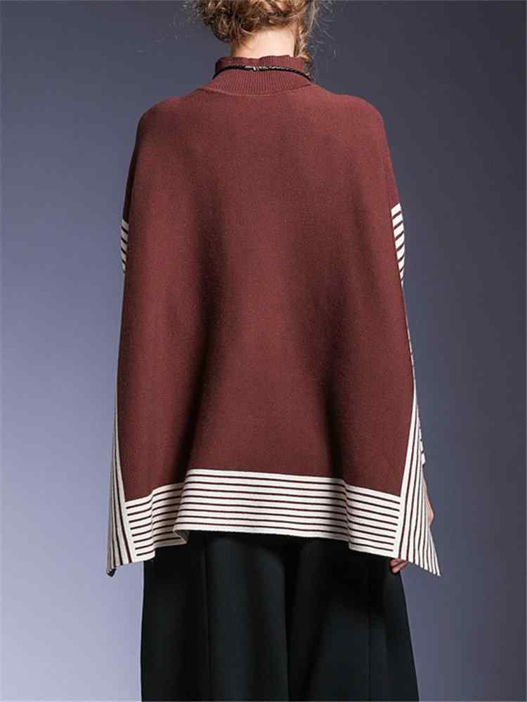 Striped High-neck Bat Sleeve Slit Cloak Sweater