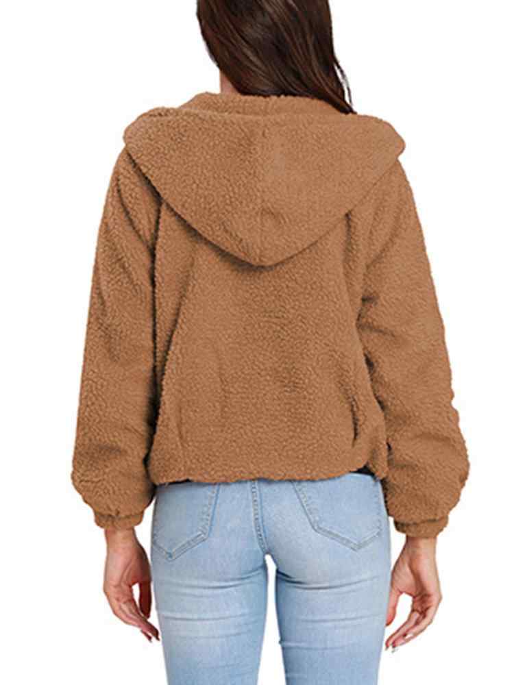 Fleece Solid Color Long Sleeve Hooded Short Coat