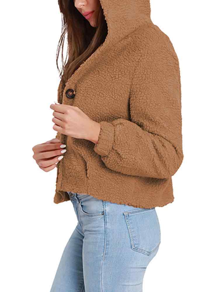 Fleece Solid Color Long Sleeve Hooded Short Coat