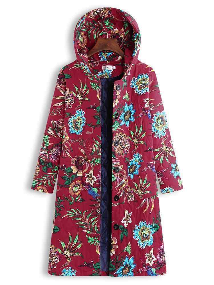 Vintage Hooded Floral Print Long Sleeve Coat