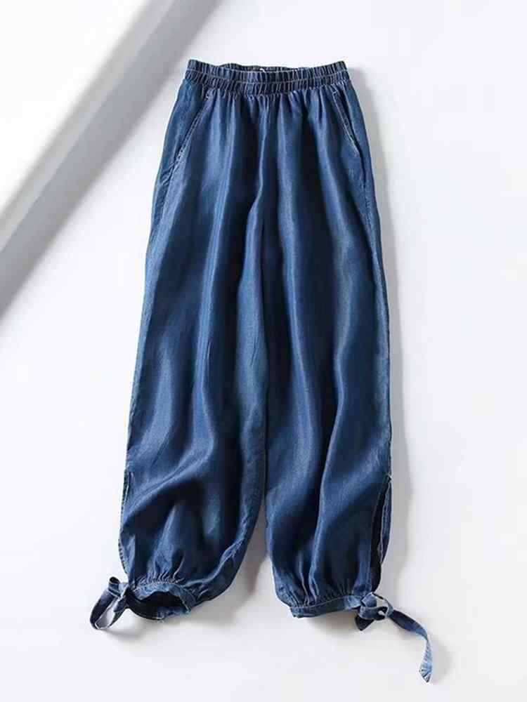 Pocket Jogger Side Slit Elastic Waist Loose Denim Pants