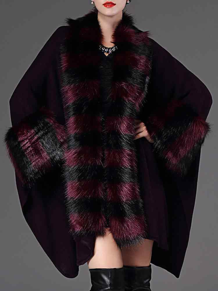 Casual Loose Striped Bats Sleeve Women Faux Fur Coats