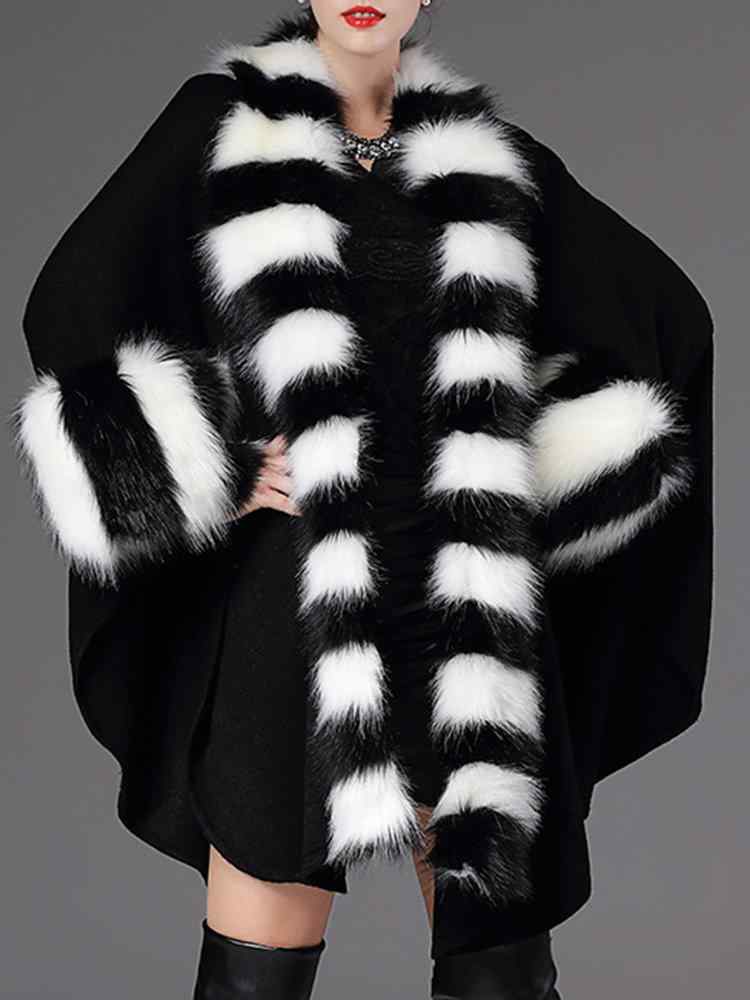 Casual Loose Striped Bats Sleeve Women Faux Fur Coats