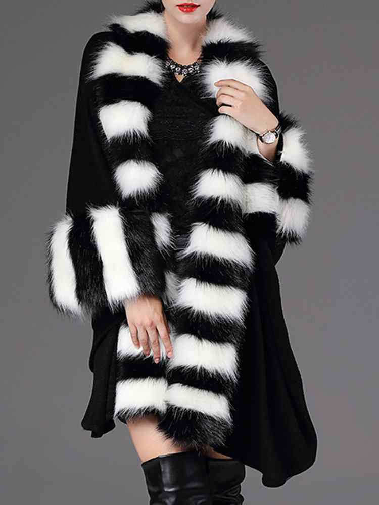 Casual Loose Striped Bats Sleeve Women Faux Fur Coats