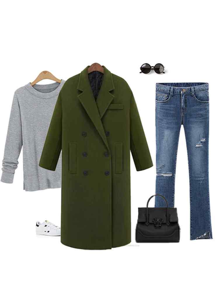 Solid Color Autumn Winter Notch Collar Long Sleeve Straight Coat