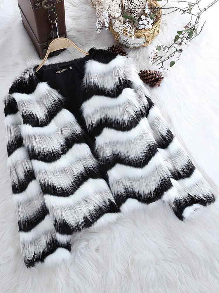 Elegant Fluffy Contrast Color Winter Outerwear Hairy Faux Fur Coat