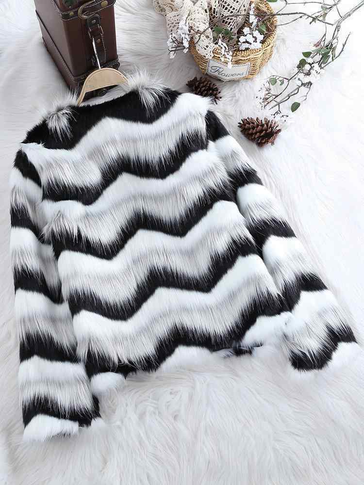 Elegant Fluffy Contrast Color Winter Outerwear Hairy Faux Fur Coat