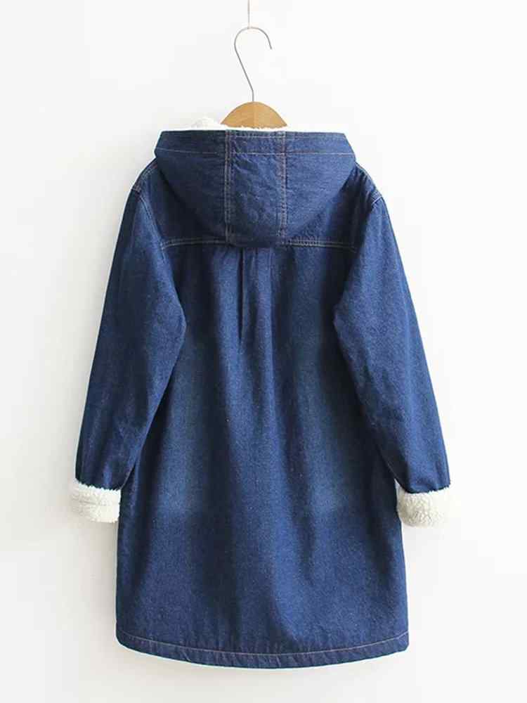 Inner Faux Lamb Cashmere Medium Long Denim Hooded Coat