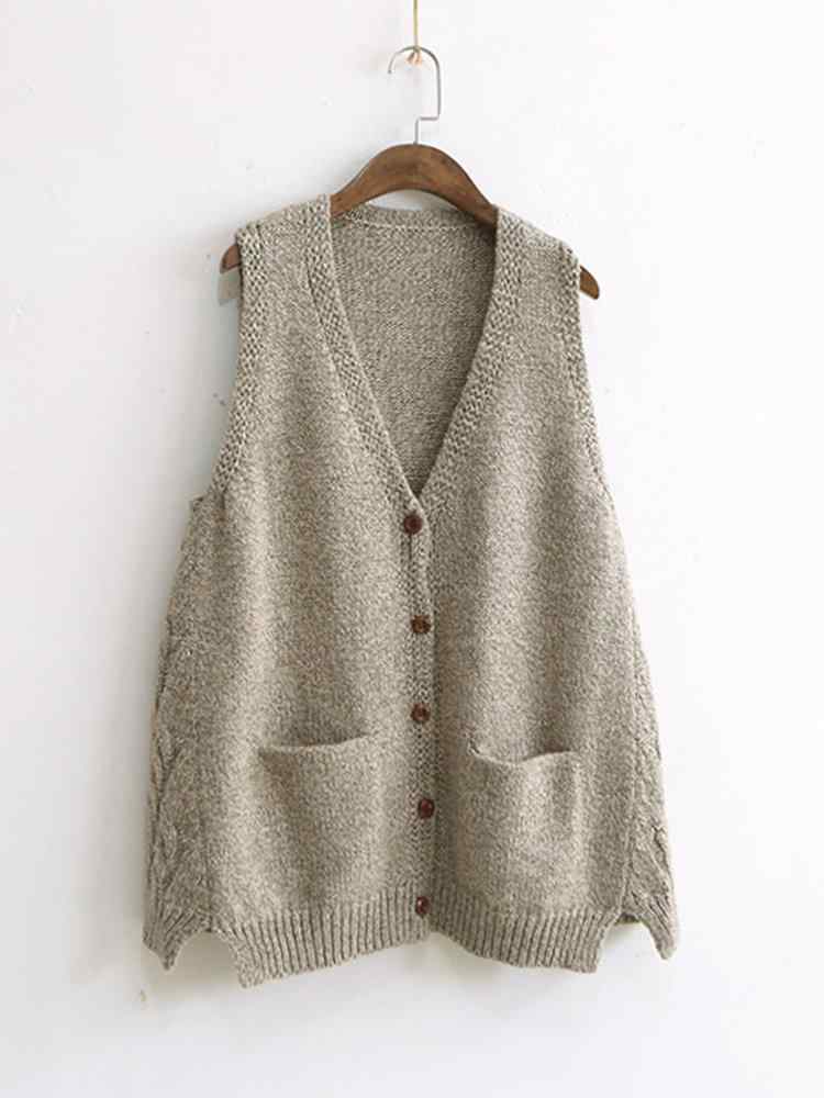 Women Pure Color V-Neck Pocket Buttons Vest Sweaters