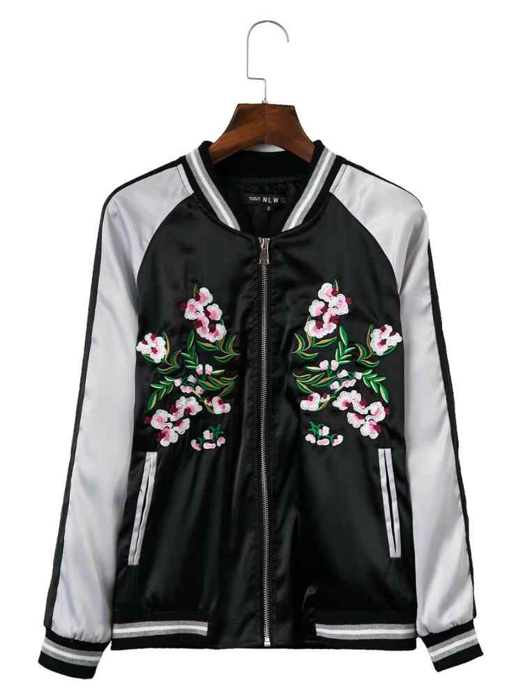 Women Casual Embroidery Mix Color Long Sleeve Baseball Coat