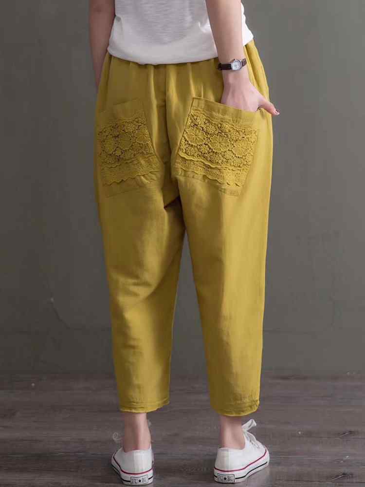 Crochet Lace Patchwork Solid Color Elastic Waist Vintage Pants