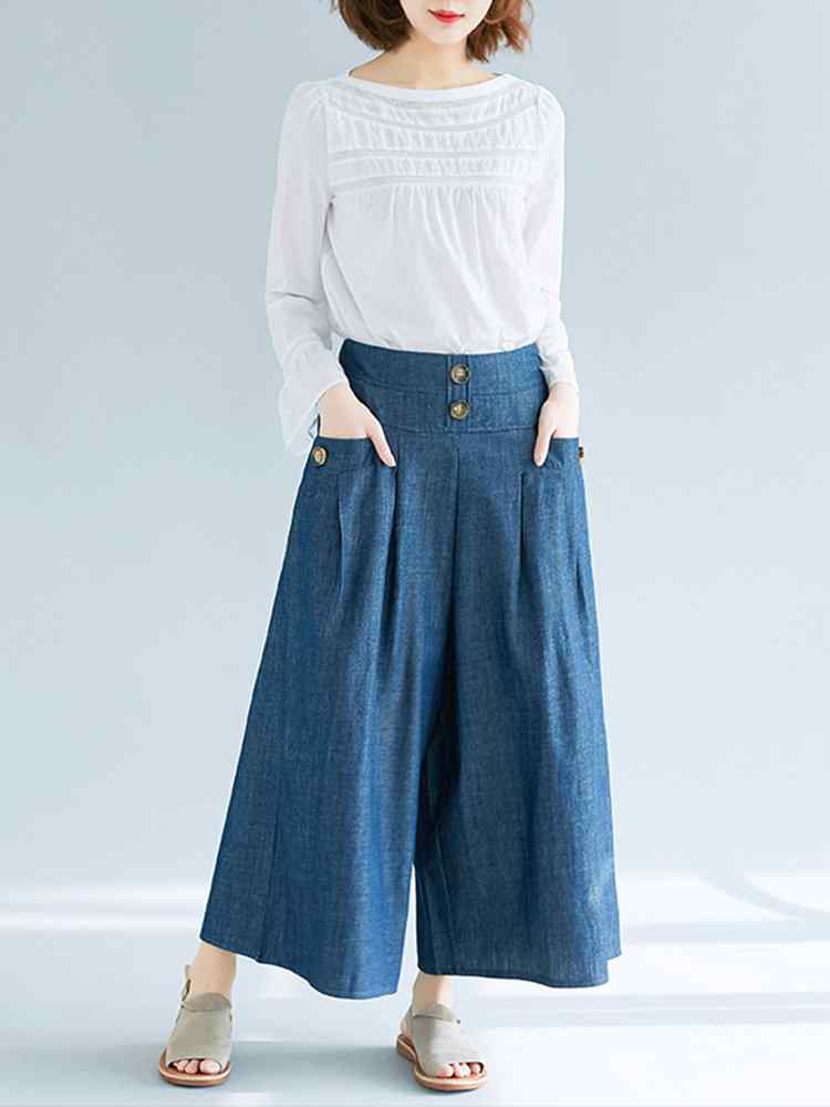 High Waist Button Wide Leg Solid Color Casual Denims