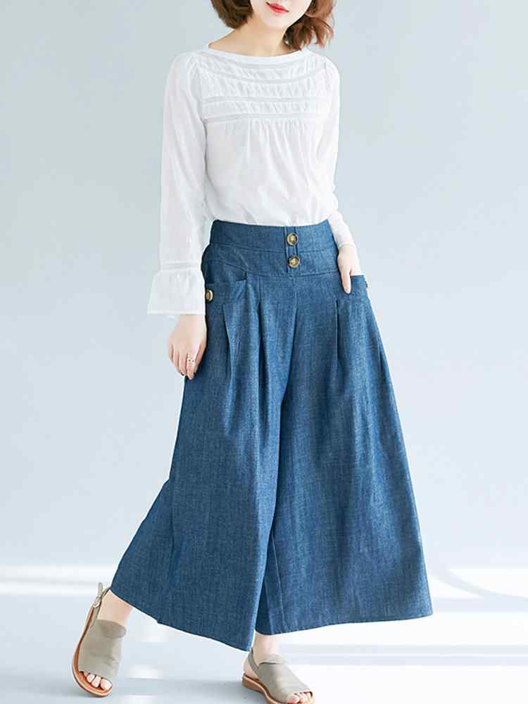 High Waist Button Wide Leg Solid Color Casual Denims