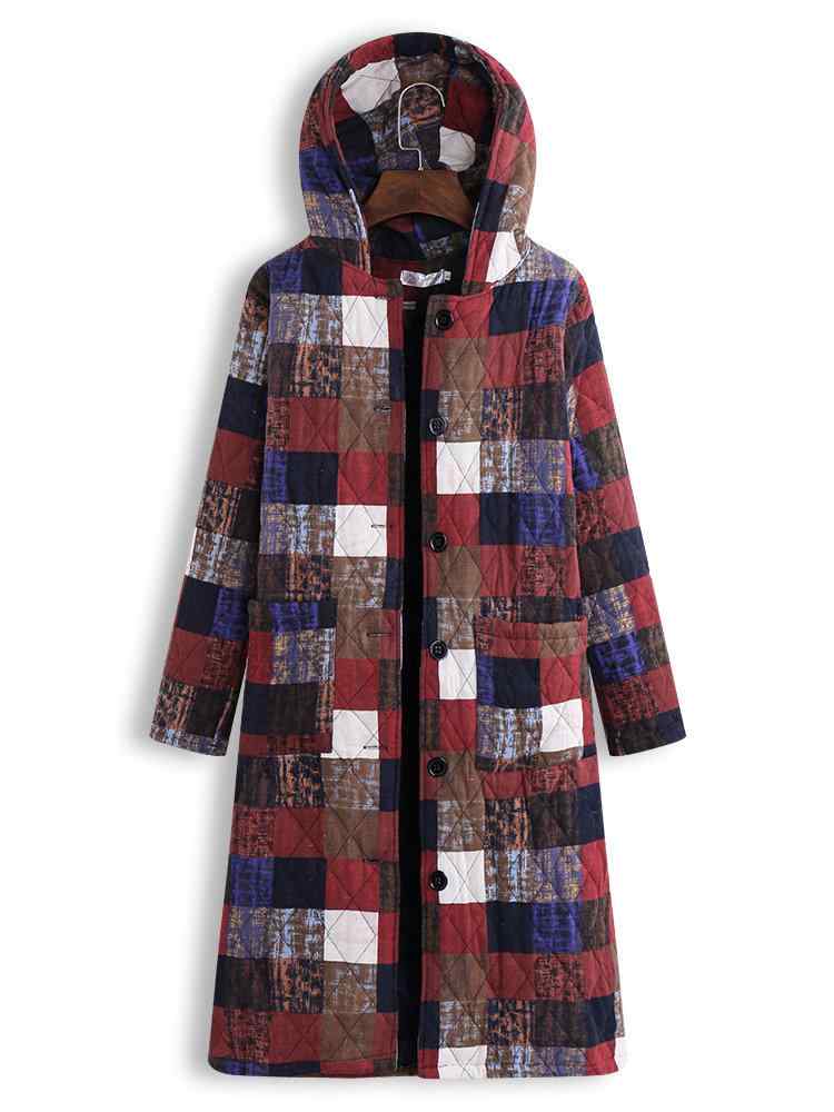 Multi-color Geometric Print Hooded Long Sleeve Vintage Coat