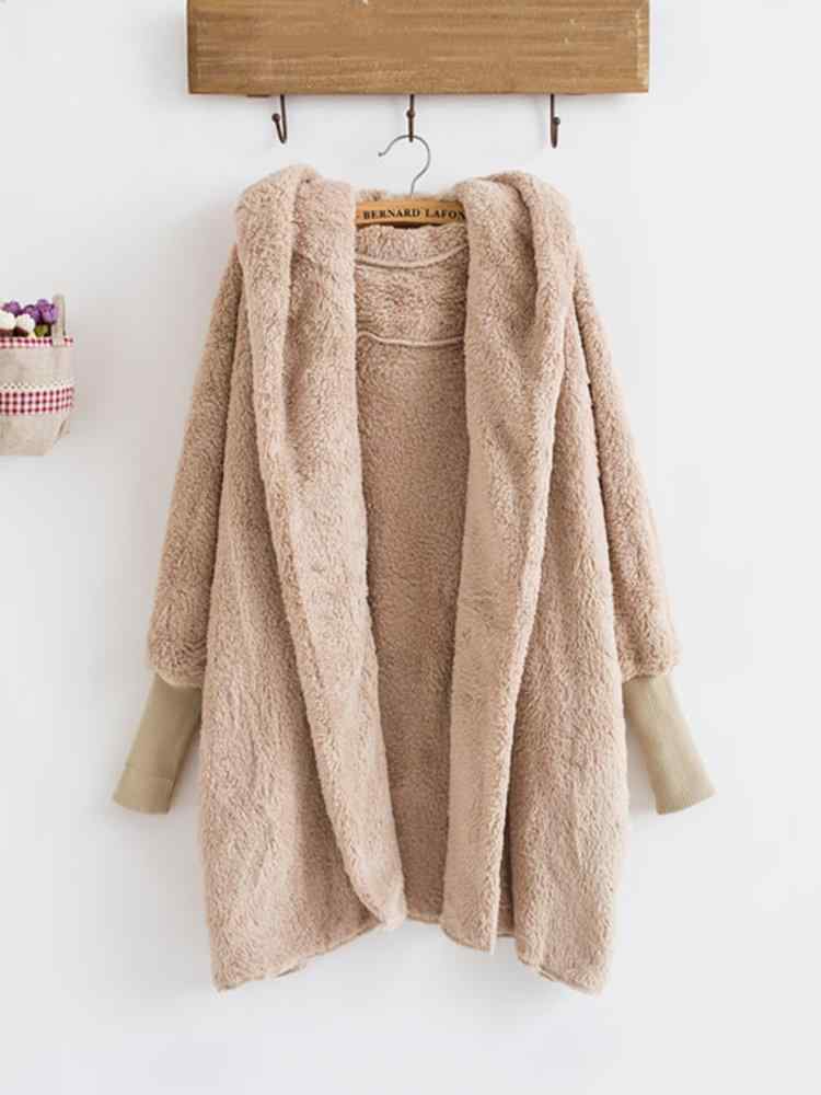 Casual Pure Color Thicken Bat Sleeve Hooded Women Plush Coats