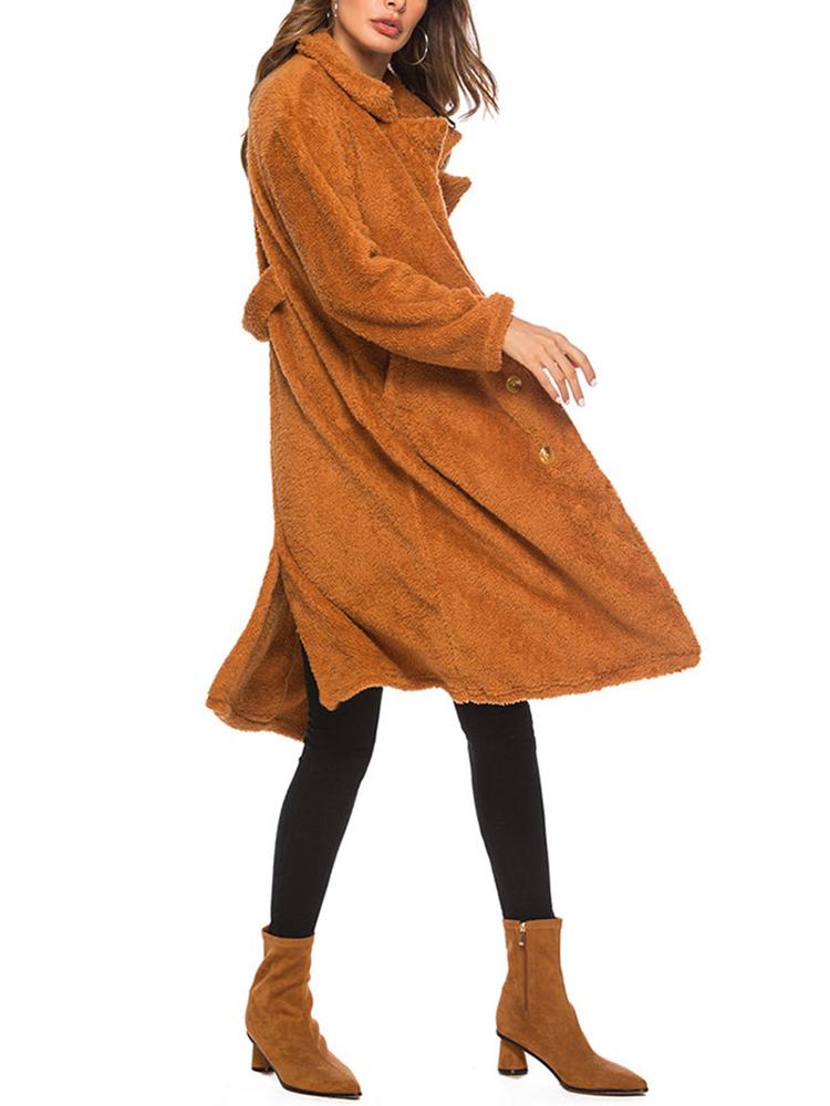 Turn Down Collar Fleece Long Sleeve Solid Color Coat