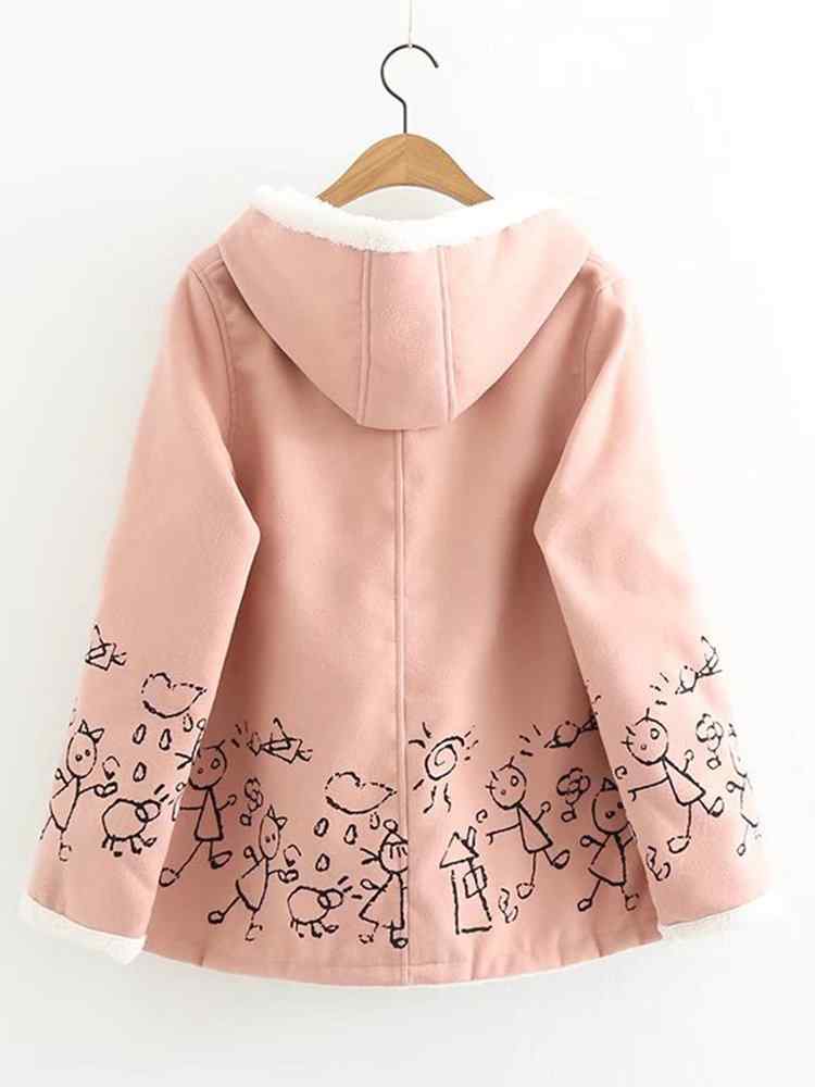 Cartoon Print Hooded Plush Ball Long Sleeve Vintage Coat