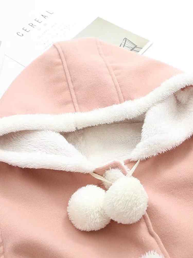 Cartoon Print Hooded Plush Ball Long Sleeve Vintage Coat