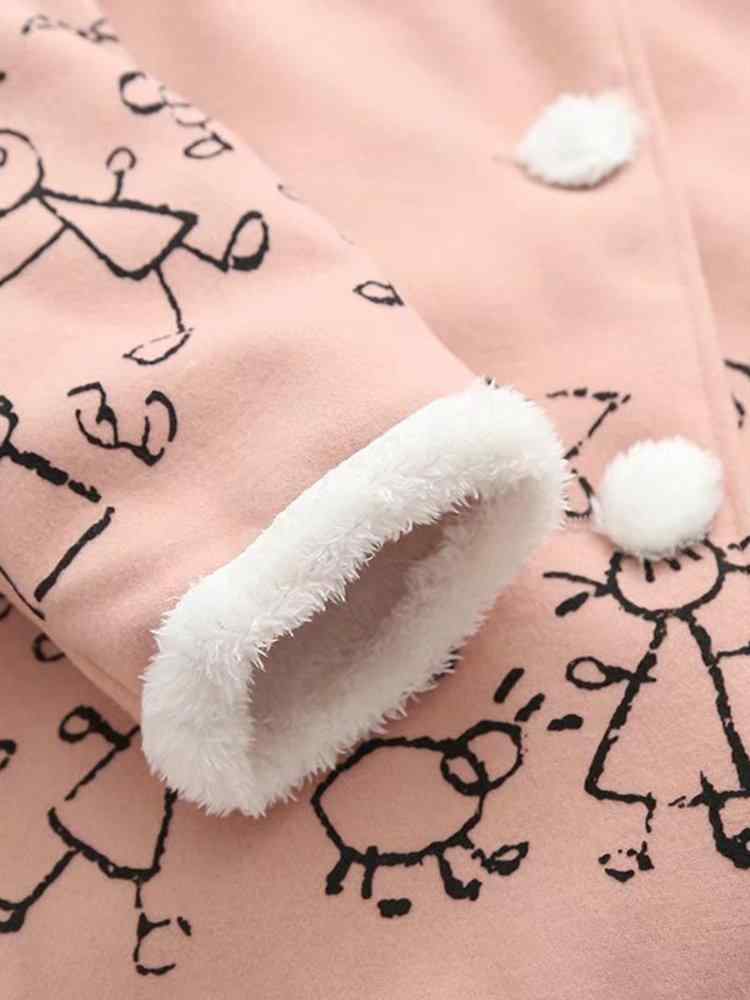 Cartoon Print Hooded Plush Ball Long Sleeve Vintage Coat