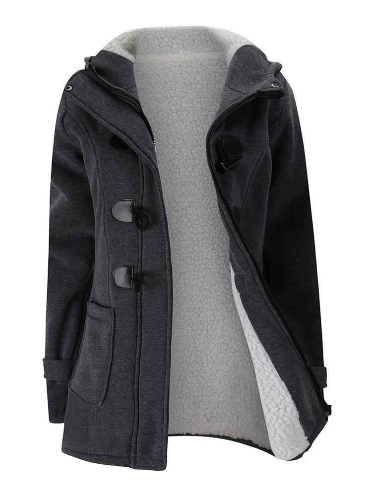 Women Horn Buttons Long Sleeve Hooded Thicken Coat