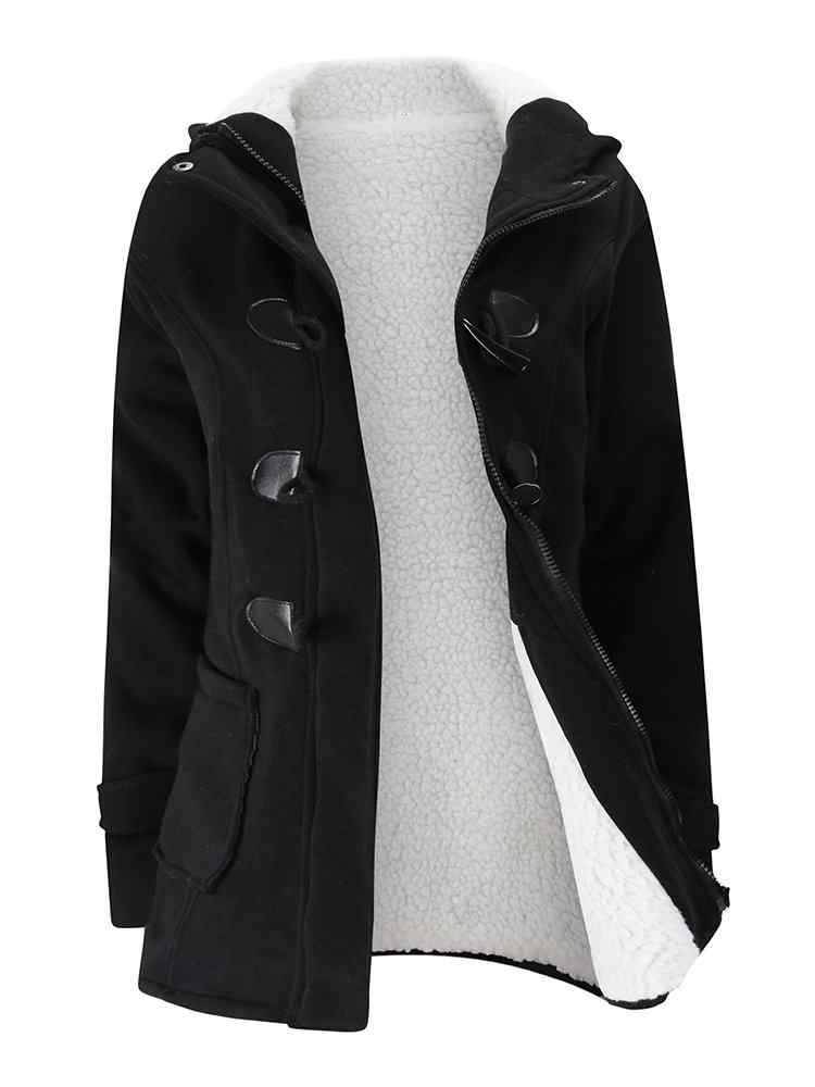 Women Horn Buttons Long Sleeve Hooded Thicken Coat