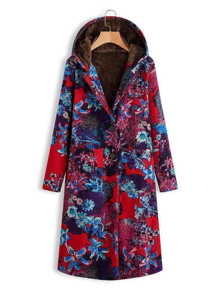 Vintage Floral Print Long Sleeve Hooded Coat