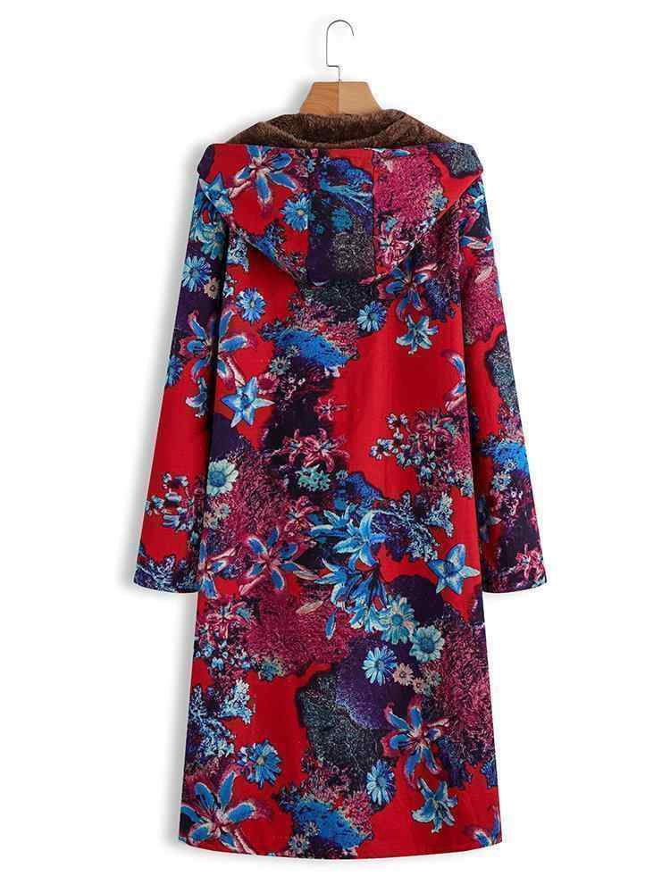 Vintage Floral Print Long Sleeve Hooded Coat