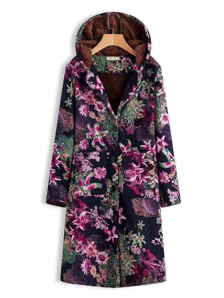 Vintage Floral Print Long Sleeve Hooded Coat