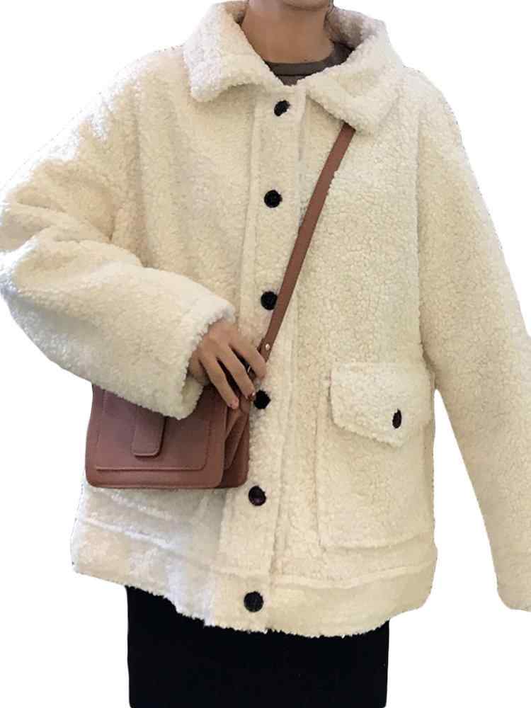 Pure Color Pocket Design Button Casual Lamb Coat